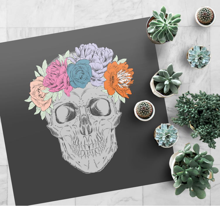 Hodeskalle med fargerike blomster vinyl teppe blomster og planter - Tenstickers