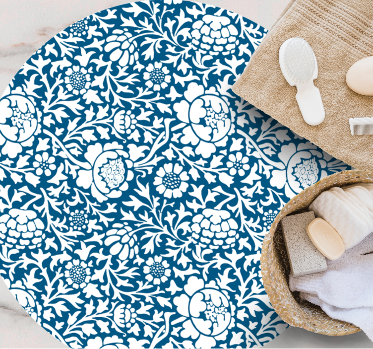 Marinblå flora vinyl teppe rund - Tenstickers