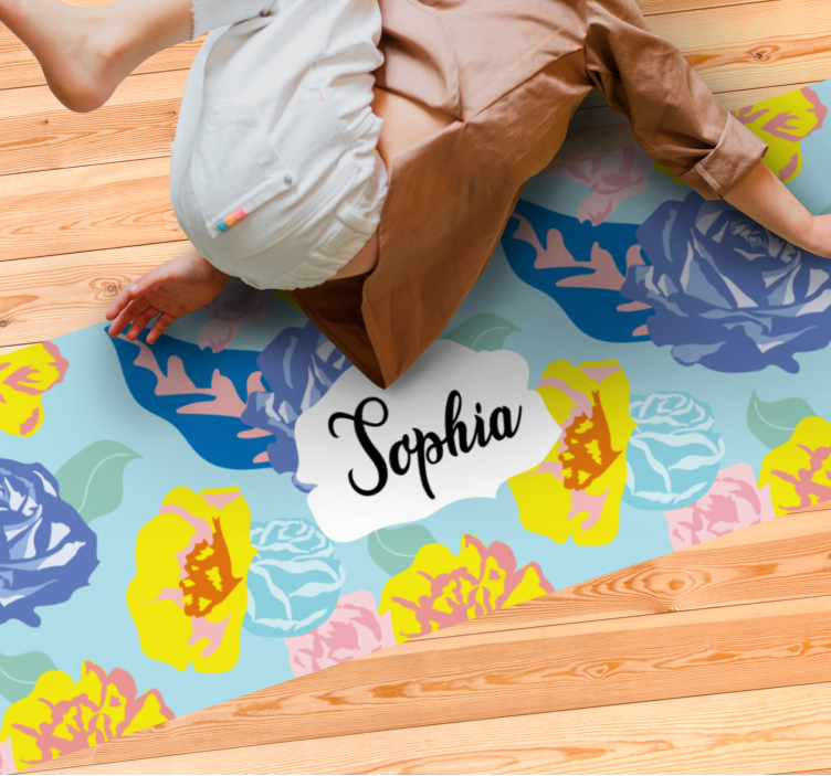 Moderne blått og gult mønster vinyl teppe med navn - Tenstickers