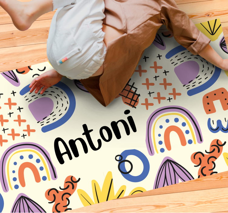 Regnbue mønster beige bakgrunn vinyl teppe med navn - Tenstickers