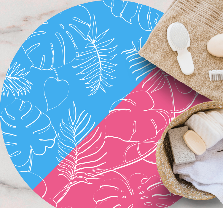 Rosa og blå farge blokker og blader vinyl teppe rund - Tenstickers