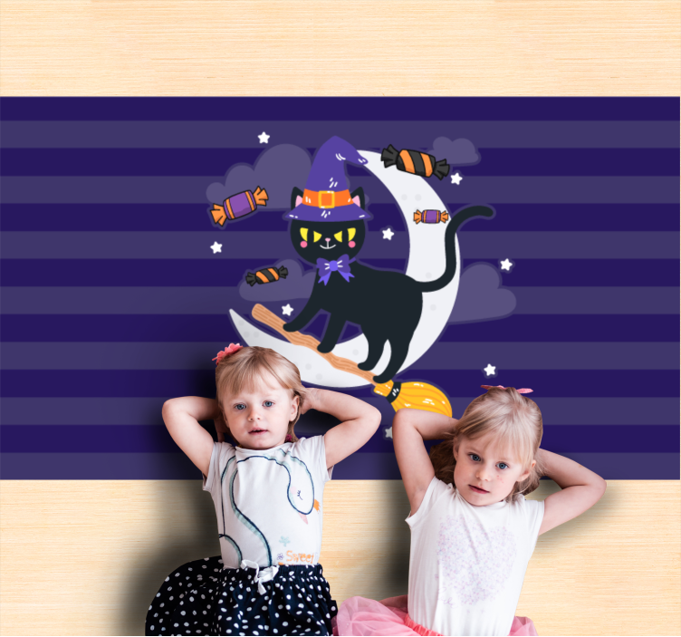 Søt katt på et kosteskaft Halloween vinyl teppe - Tenstickers