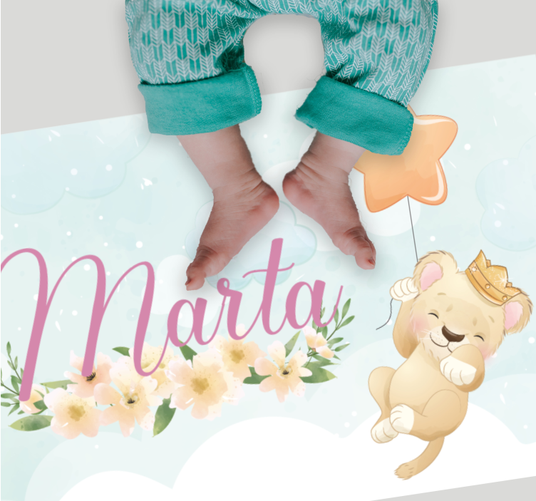 Løve med luftballong og navn vinyl teppe baby - Tenstickers