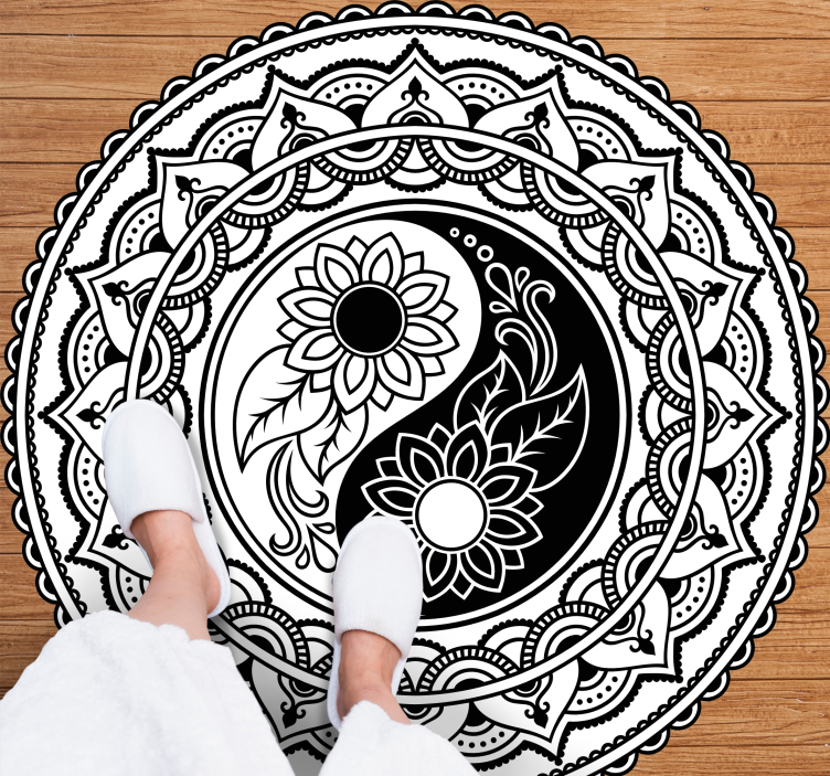 Svart og hvitt ying og yang vinyl teppe mandala - Tenstickers