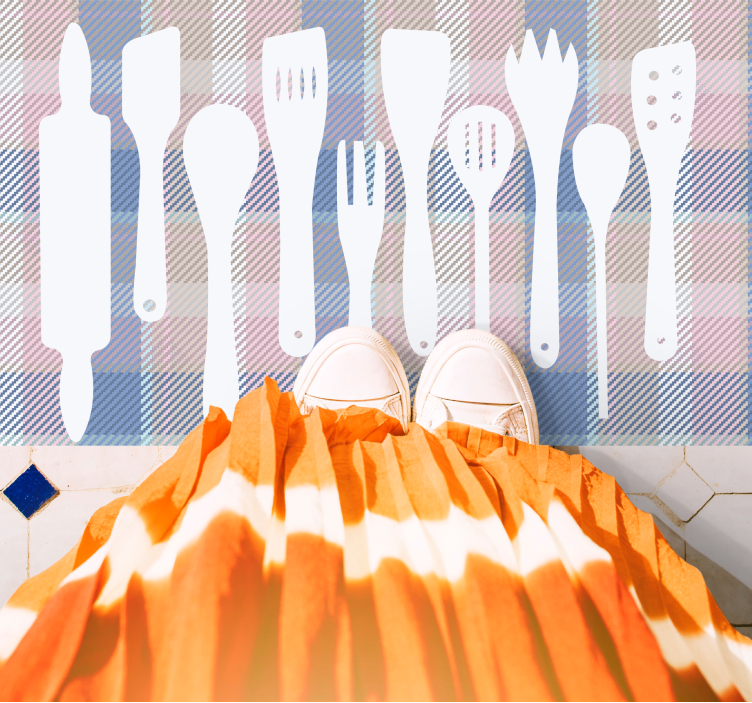 Tartanmønster med kjøkkenutstyr vinyl teppe moderne - Tenstickers