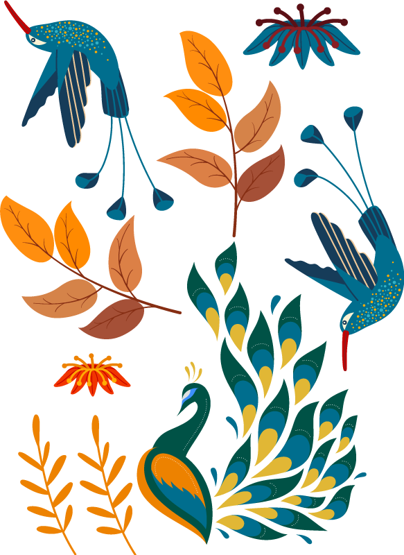 Vinyl teppe dyr tengango stil fugler og planter - Tenstickers