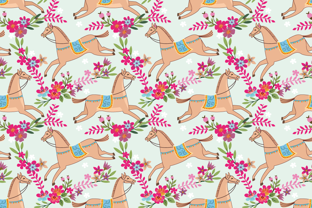 Vinyl teppe dyr rosa blomster hest mønster - Tenstickers