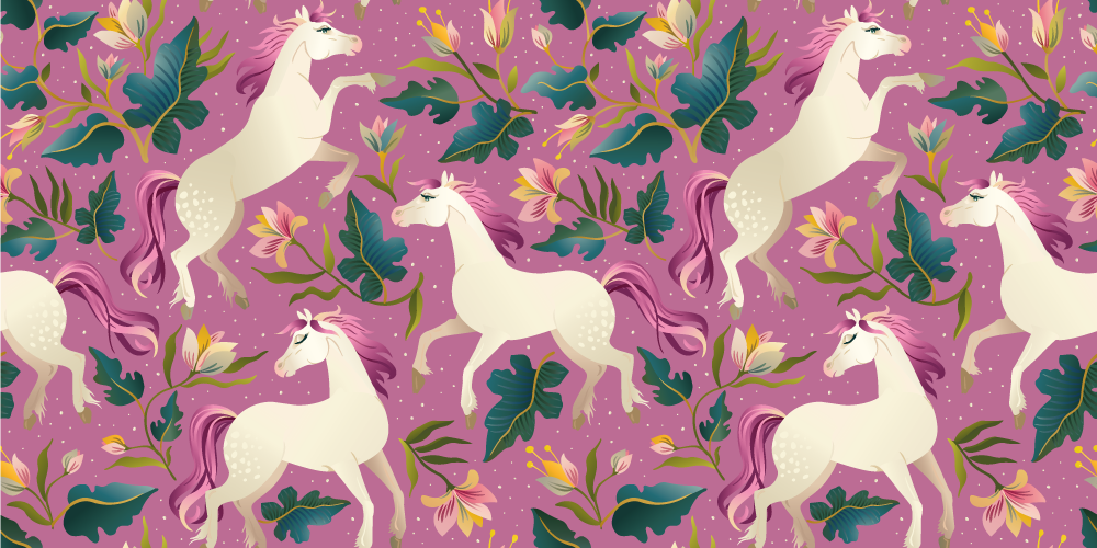 Vinyl teppe dyr med rosa og blomstrete hestemotiv - Tenstickers