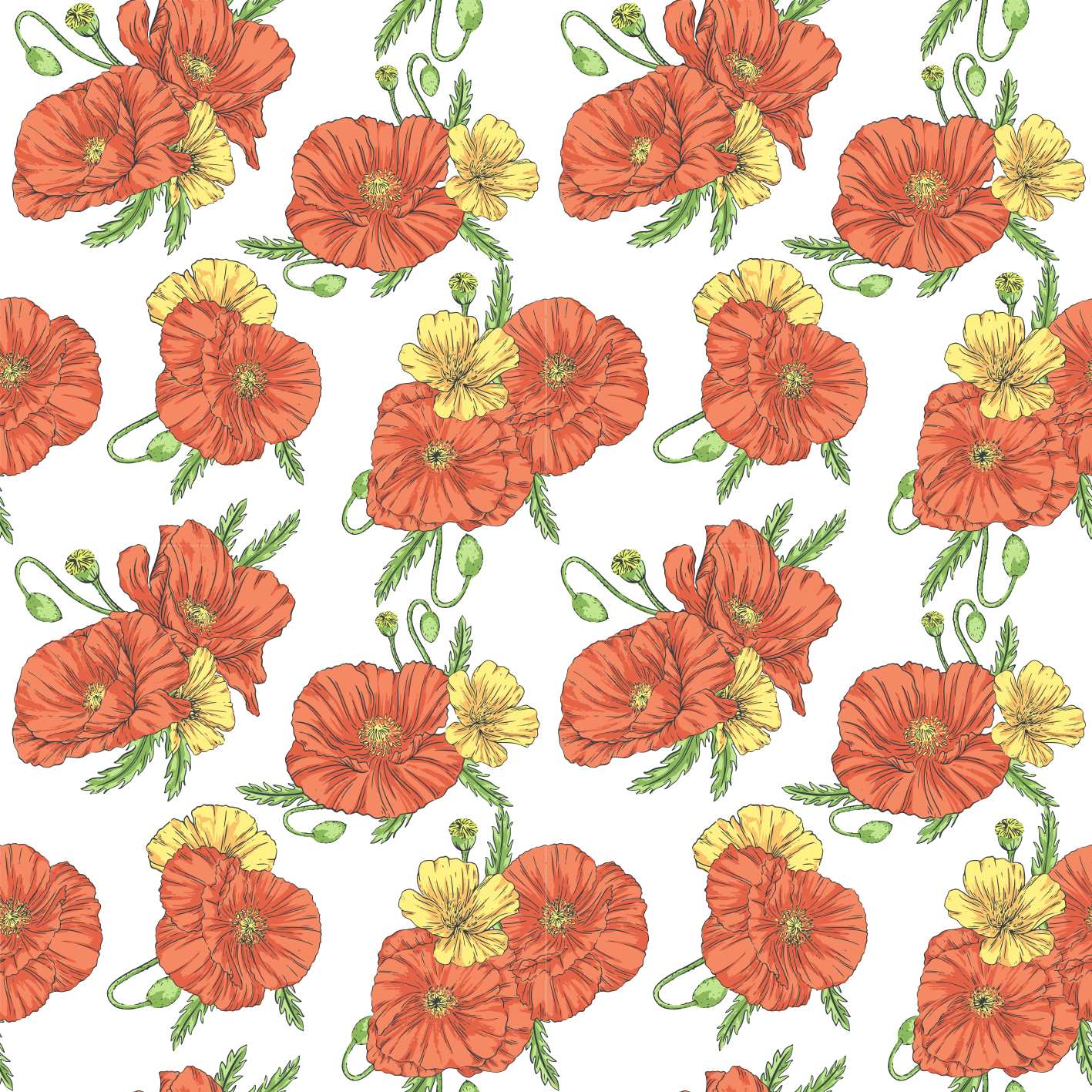 Vinyl teppe blomster og planter valmueblomster hvit bakgrunn - Tenstickers