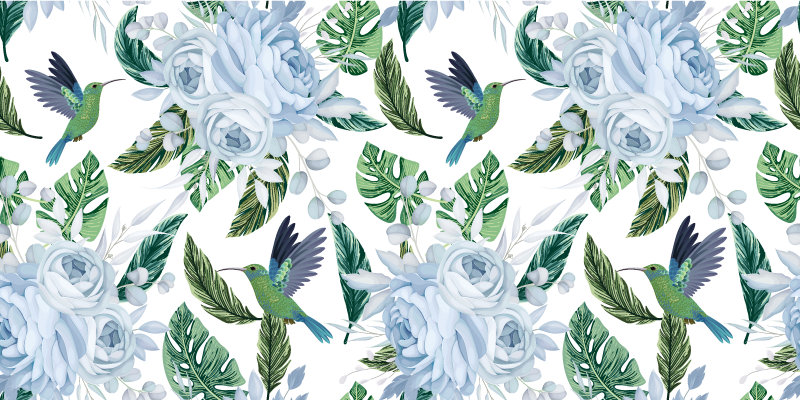 Blå hage med fugler vinyl teppe blomster og planter - Tenstickers