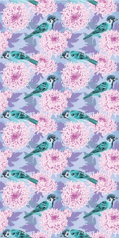 Vinyl teppe blomster og planter rosa hageblomster med fugler - Tenstickers