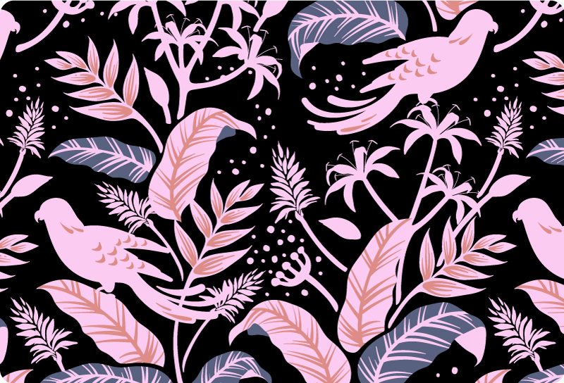 Vinyl teppe blomster og planter med svarte og rosa fugler - Tenstickers