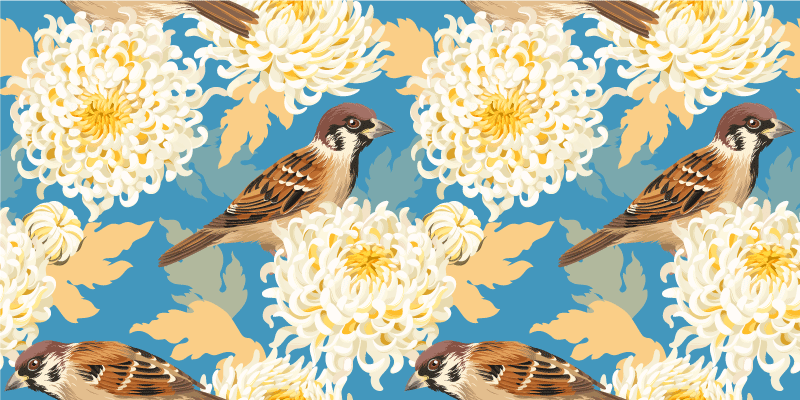 Vinyl teppe blomster og planter aquarella fugler og blader - Tenstickers