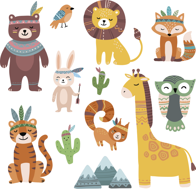 Morsomme tribal dyr vinyl teppe spedbarn - Tenstickers