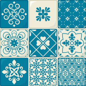 Grå og blå mønster vinyl teppe kjøkken - Tenstickers