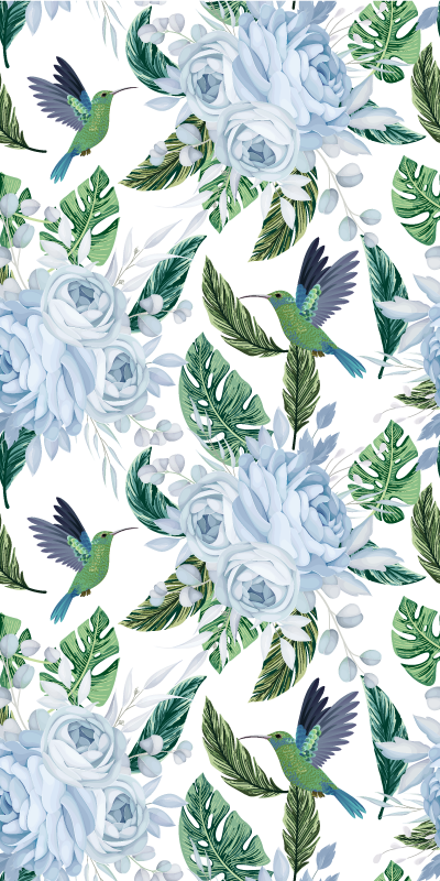 Vinyl teppe kjøkken blå hageblomster med fugler - Tenstickers