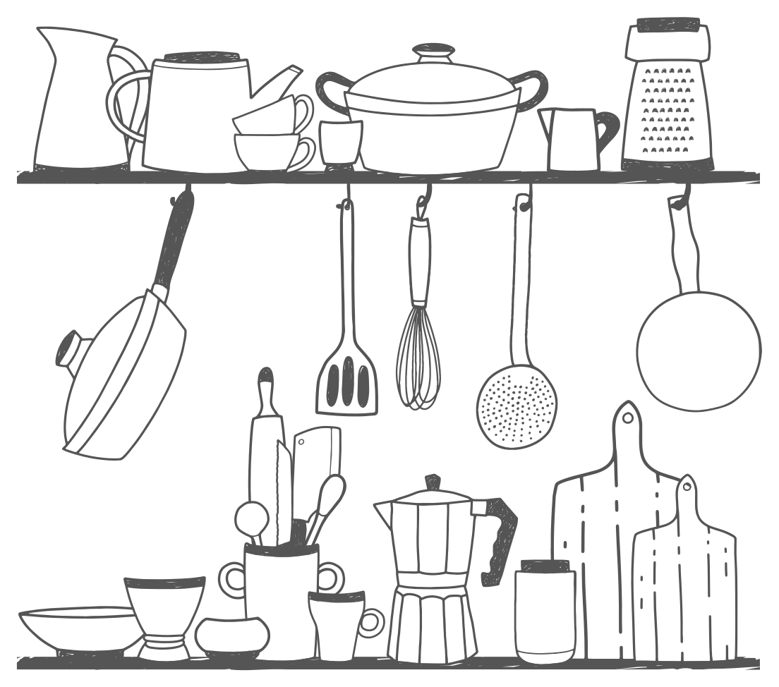 Vinyl teppe kjøkken med kjøkkenutstyr på hyller - Tenstickers