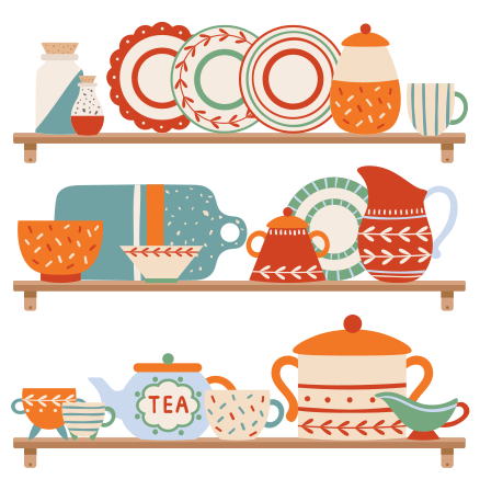 Vinyl teppe kjøkken med kjøkkenutstyr på hylle - Tenstickers