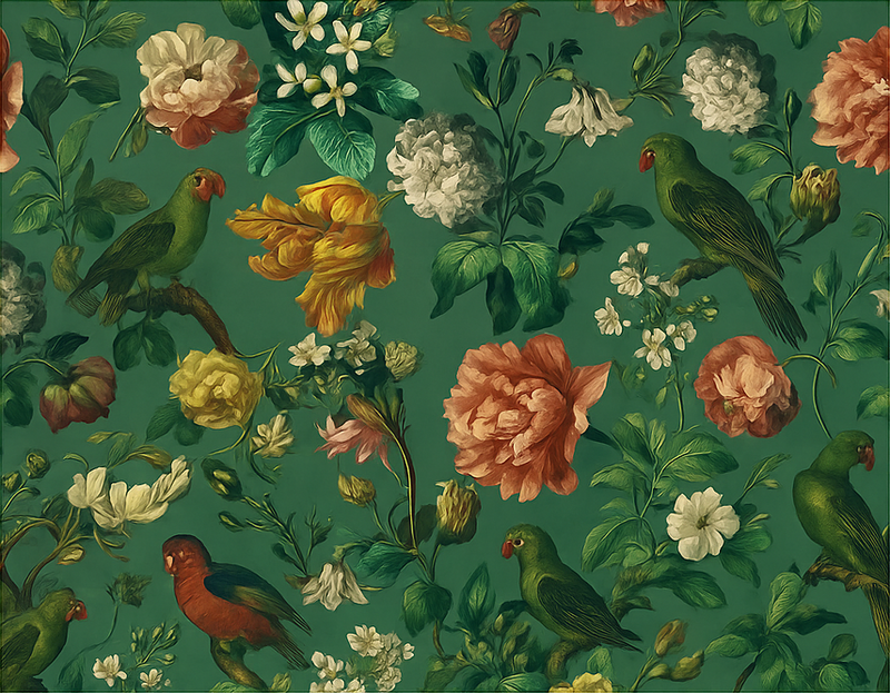 Mørkegrønne blomster og fugler vinyl teppe soverom - Tenstickers