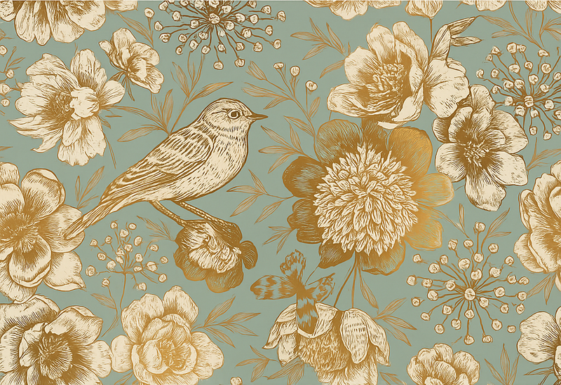 Grå bakgrunn med gullblomster vinyl teppe soverom - Tenstickers