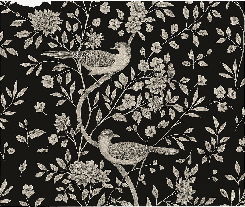 Grått tre med blomster og fugler vinyl teppe soverom - Tenstickers