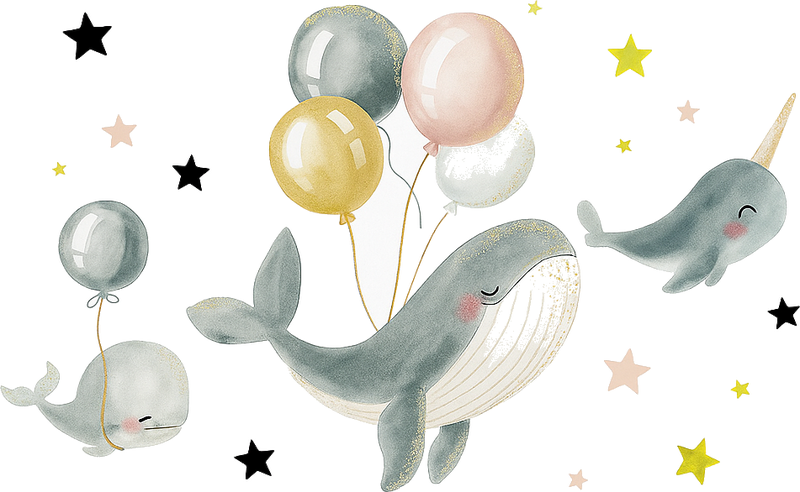 Gledefulle hvaler med ballonger vinyl teppe soverom - Tenstickers