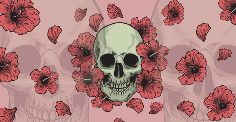 Hodeskalle med håndtegnede blomster halloween vinyl teppe - Tenstickers