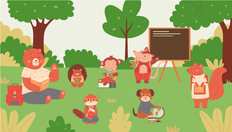 Tegneseriedyr som går på skoleveggeteppe - Tenstickers