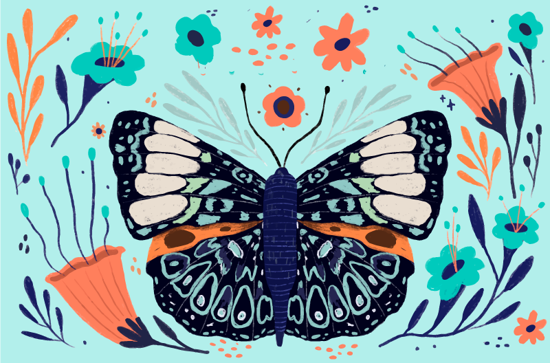 Fargerike sommerfugldetaljer vinyl teppe blomster og planter - Tenstickers