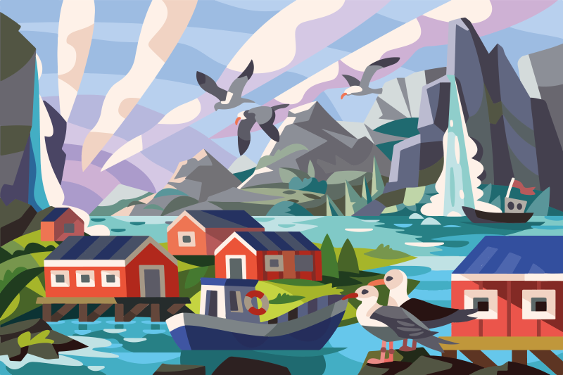 Norsk liten landsby med natur etnisk vinyl teppe - Tenstickers