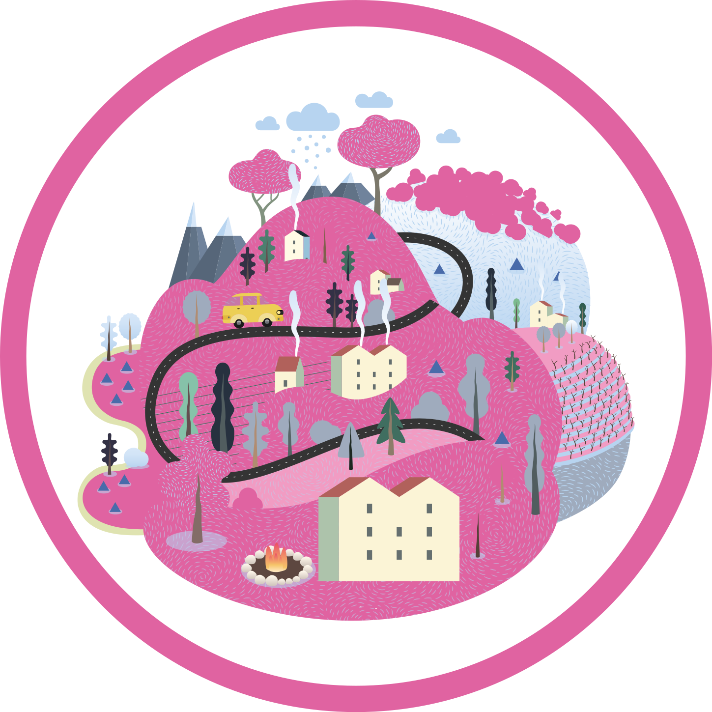 Fargerik landsbyscene vinyl teppe veier - Tenstickers