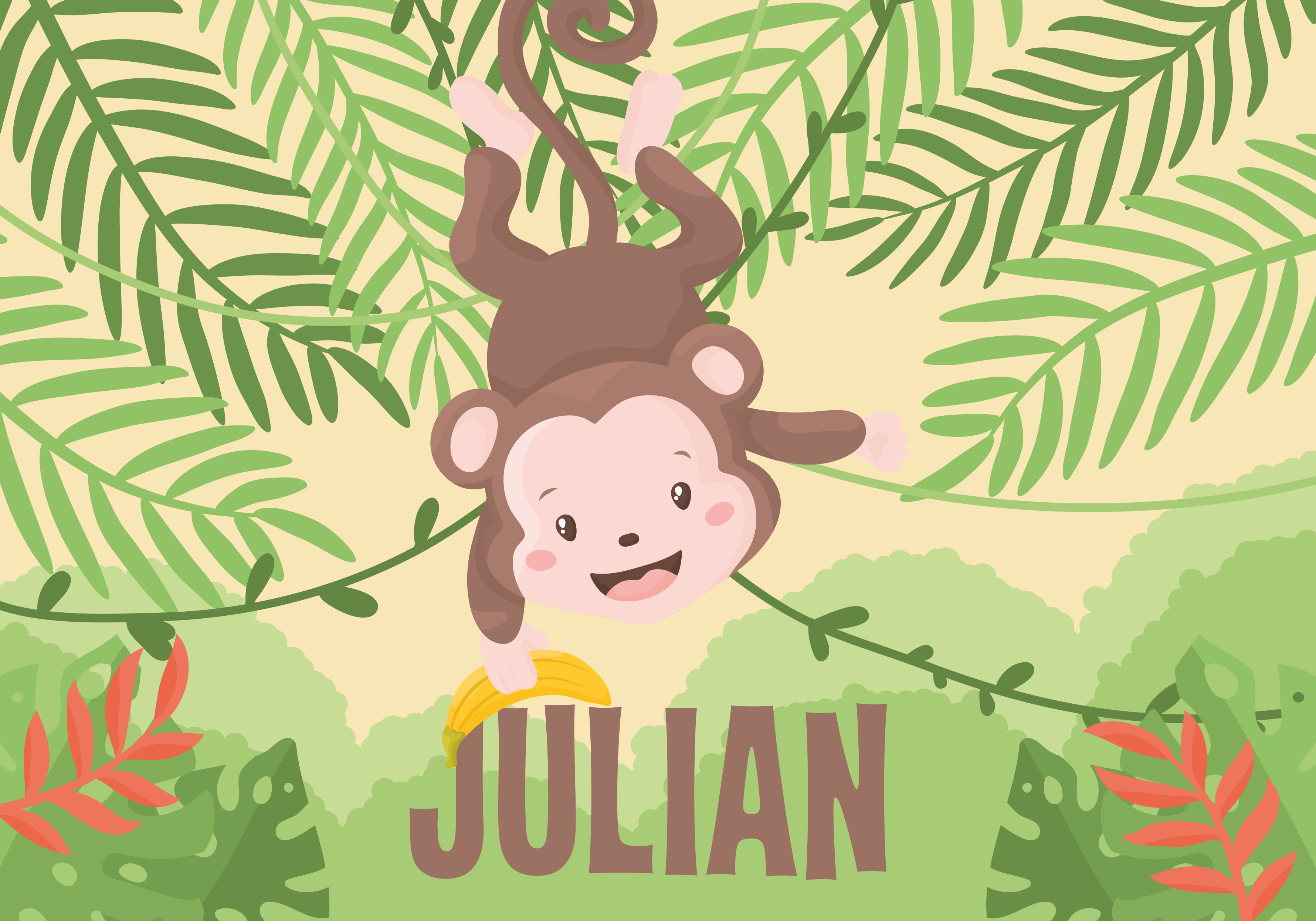 Liten ape på gren vinyl teppe med navn - Tenstickers