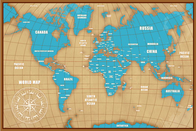 Blå jord på en brun ramme vinyl teppe verdenskart - Tenstickers