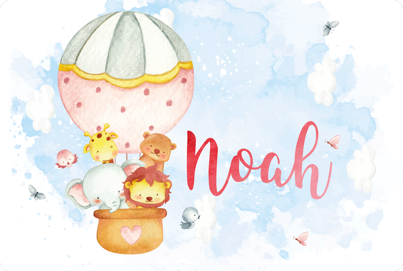 De søte dyrene som flyr på ballonger vinyl teppe med navn - Tenstickers