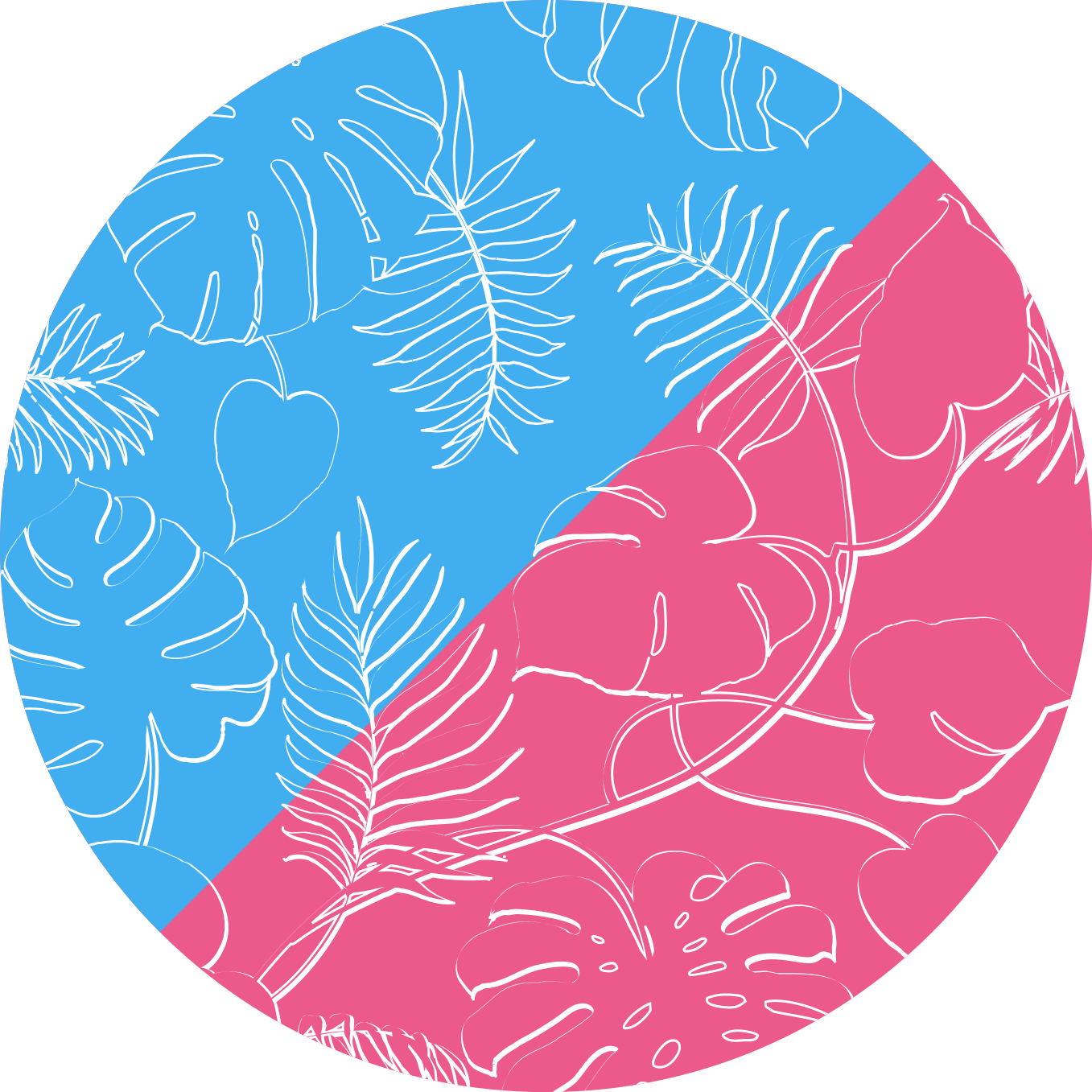 Rosa og blå farge blokker og blader vinyl teppe rund - Tenstickers