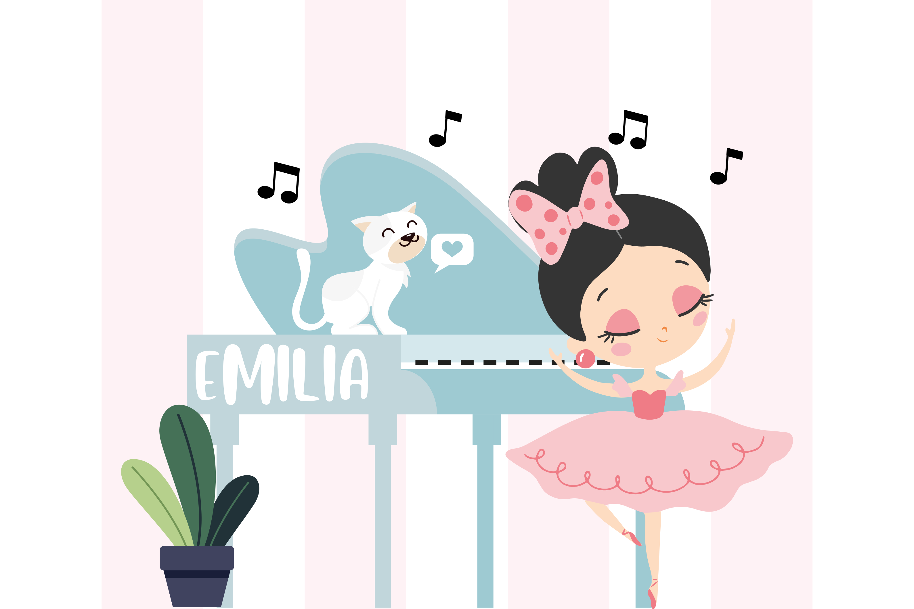 Liten prinsesse med katt og piano vinyl teppe med navn - Tenstickers