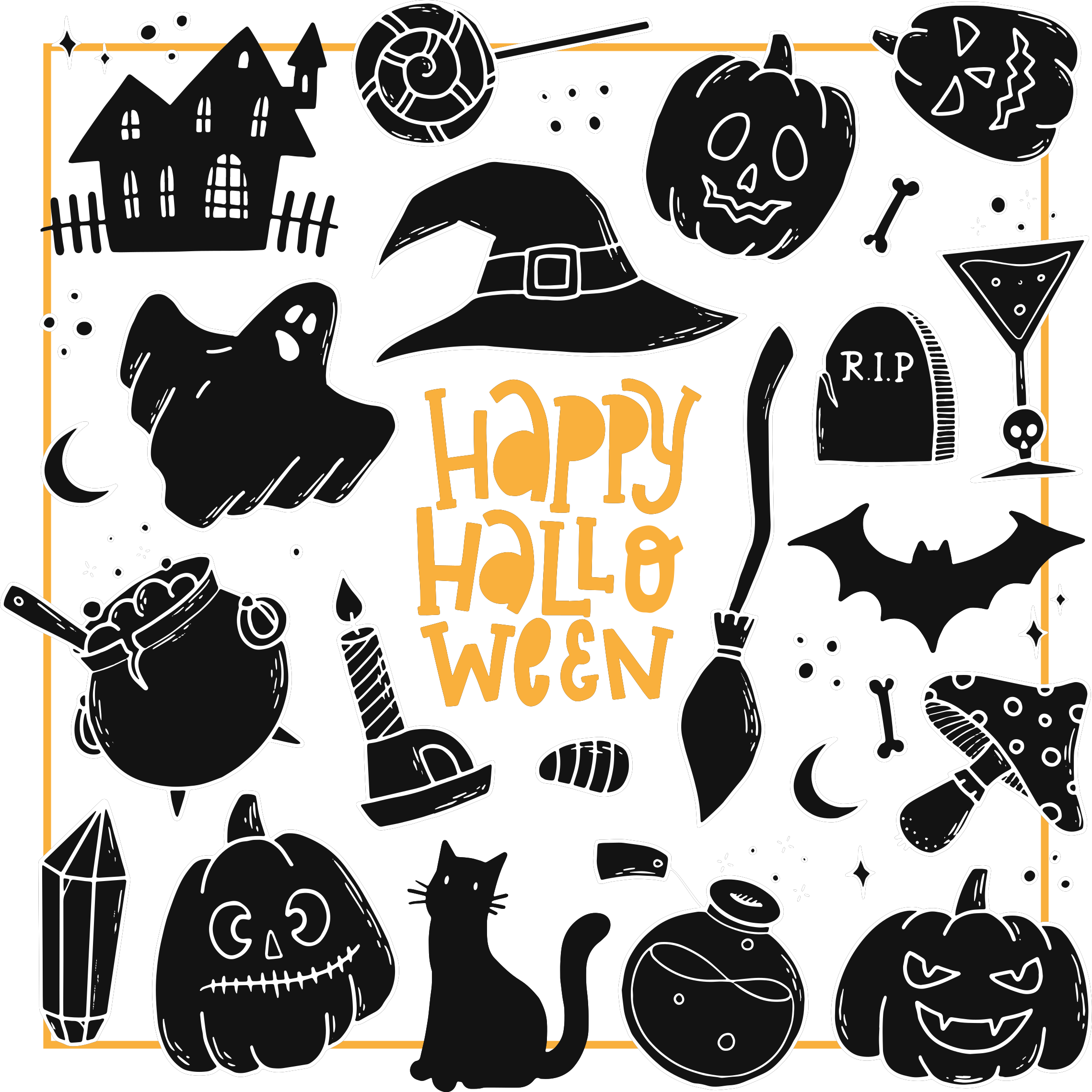 Happy halloween black doodles vinyl teppe rund - Tenstickers