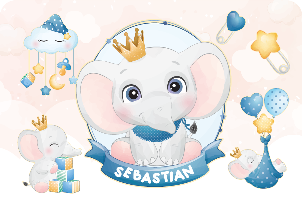 Søt elefant for gutt med navn vinyl teppe baby - Tenstickers