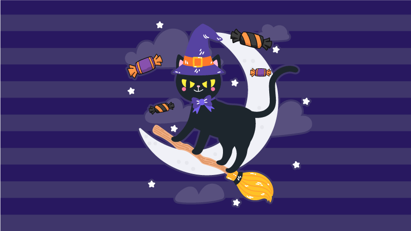 Søt katt på et kosteskaft Halloween vinyl teppe - Tenstickers