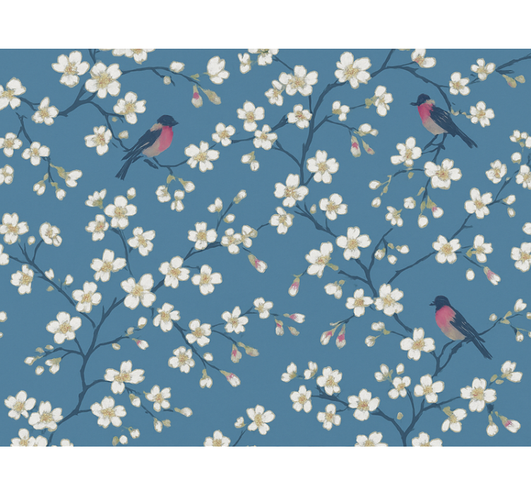 Tapet blomster blå hagefugler - Tenstickers