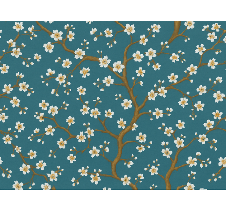 Tapet blomster gyllen blomstring teal - Tenstickers