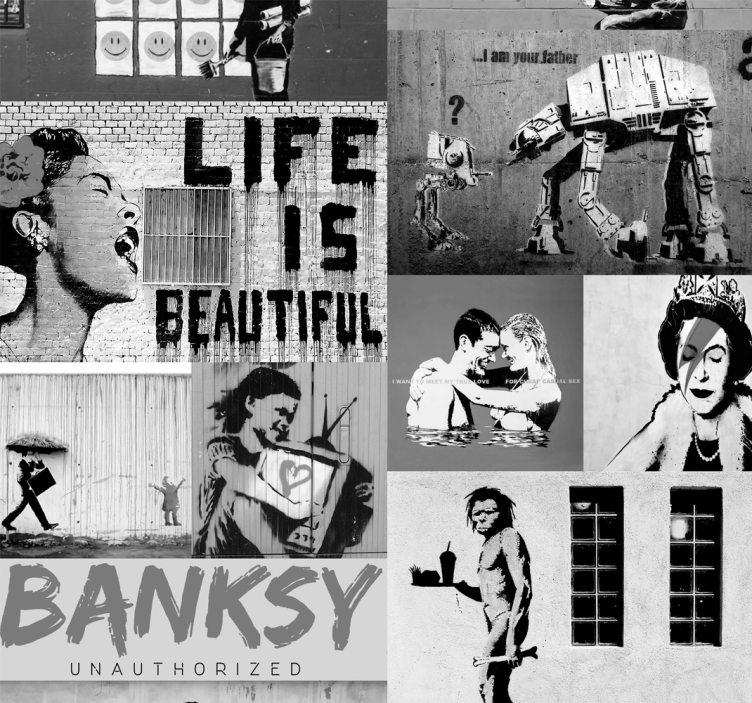 Kunst tapet banksy - grå collage - Tenstickers