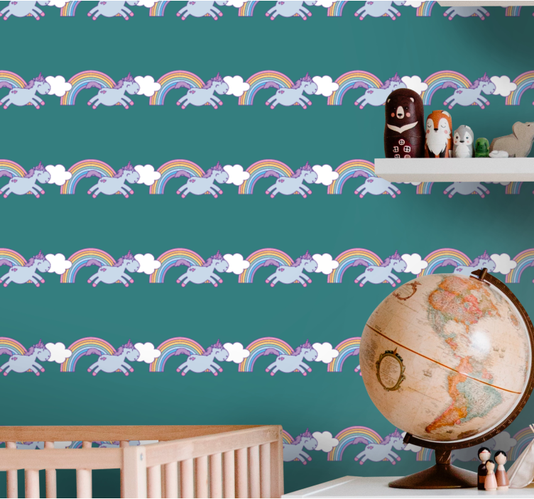 Blågrønn bakgrunn med enhjørninger og regnbuer tapet kunst - Tenstickers