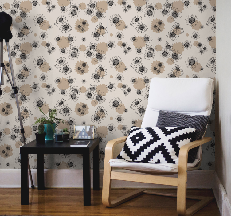 Beige tapet hånd tegning vintage tusenfryd - Tenstickers