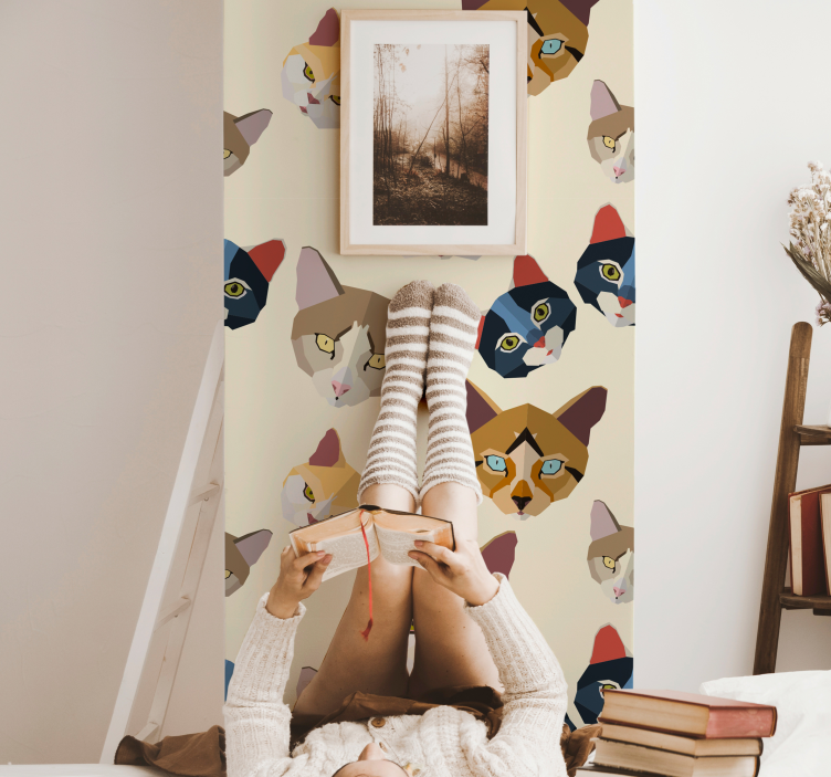 Geometriske katteansikter katt tapet - Tenstickers