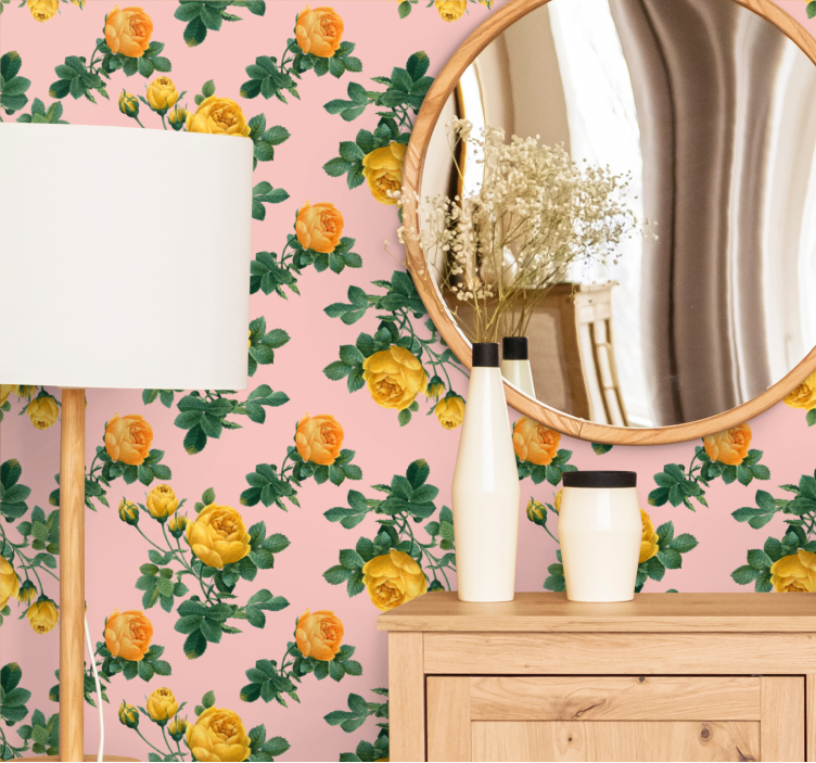 Gule rosemønstre tapet blomster - Tenstickers