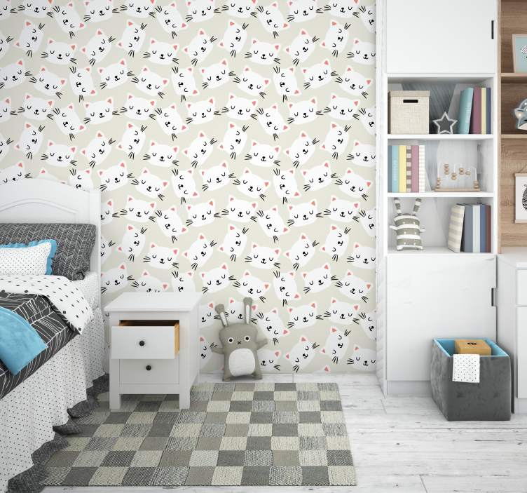 Hvit katt ansikt tegne barne tapet - Tenstickers