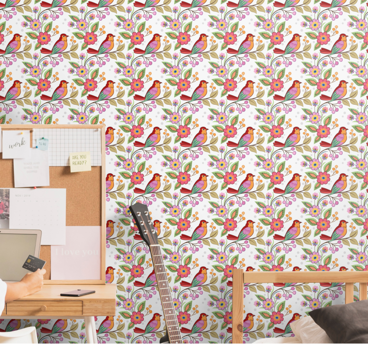 Rød oransje fugl på treet tapet soverom - Tenstickers