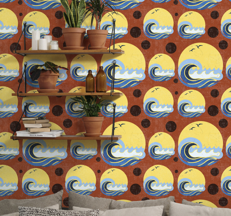 Sol, strand og bølge geometrisk form tapet - Tenstickers