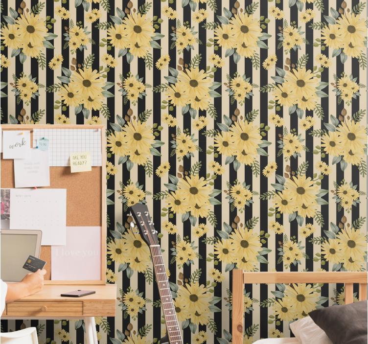 Stripete solsikkemønster tapet blomste - Tenstickers